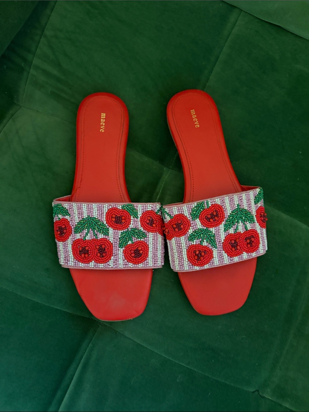 Maeve Red Beaded Cherry Slide Sandals